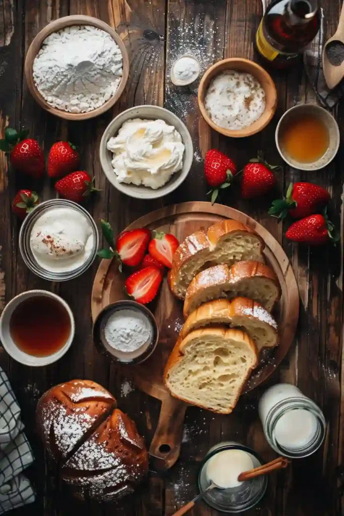 Creamy stuffed strawberry French toast stacked on a white plate with whipped cream and maple syrup. Thick slices of brioche are filled with sweet strawberries and cream cheese.
