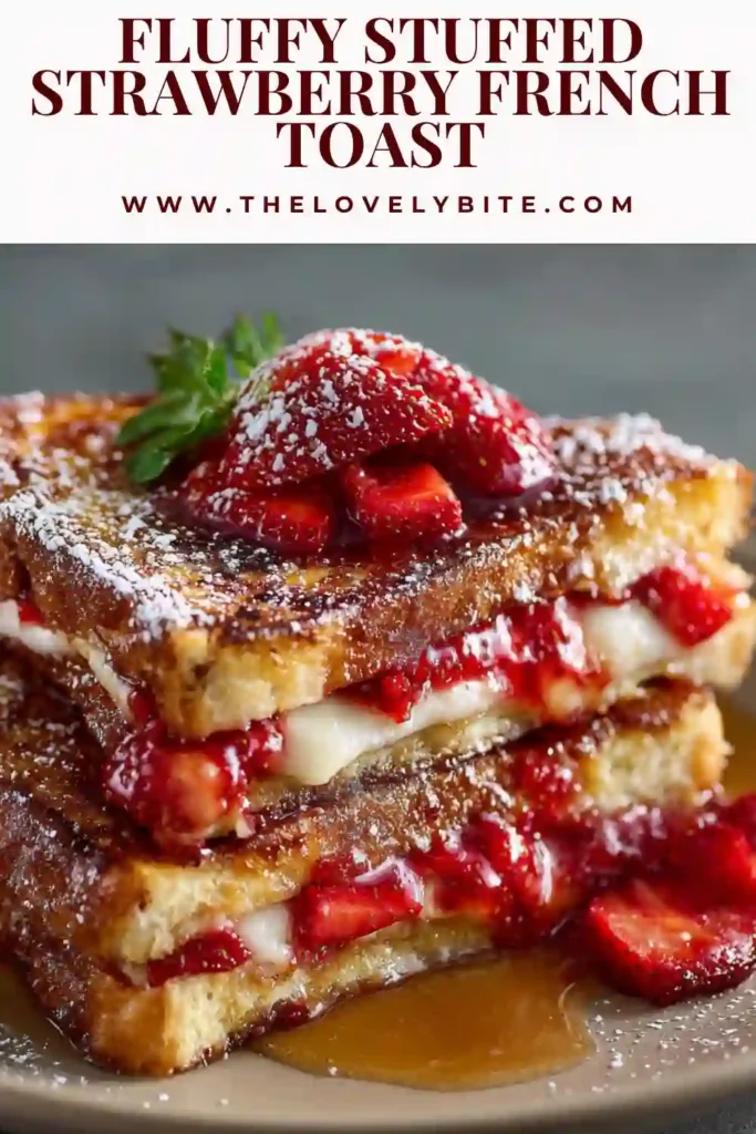 Close-up of fluffy stuffed strawberry French toast with creamy cheesecake filling and sliced strawberries. Crispy golden bread is topped with maple syrup and powdered sugar.
