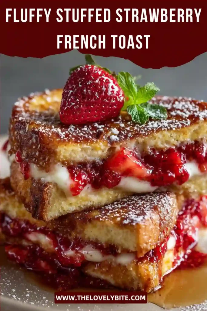 Homemade stuffed strawberry French toast made with brioche bread, ricotta filling, and fresh berries. This easy brunch recipe looks rich, fluffy, and perfectly golden brown.