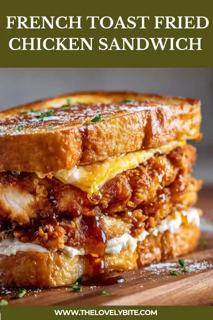 Close-up of a homemade French Toast Fried Chicken Sandwich with crispy chicken and thick brioche French toast. Fresh berries and powdered sugar complete the brunch presentation.