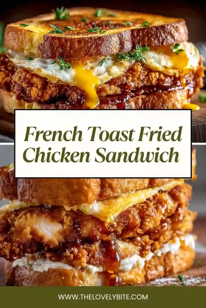 Sweet and savory French Toast Fried Chicken Sandwich stacked high with crunchy fried chicken and buttery toast. Maple syrup drizzled on top adds a delicious finishing touch.