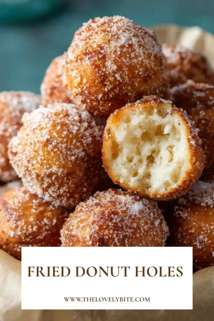 Freshly fried donut holes coated in cinnamon sugar and served warm on a plate. These Fried Donut Holes No Yeast have a golden crispy exterior and soft fluffy center.