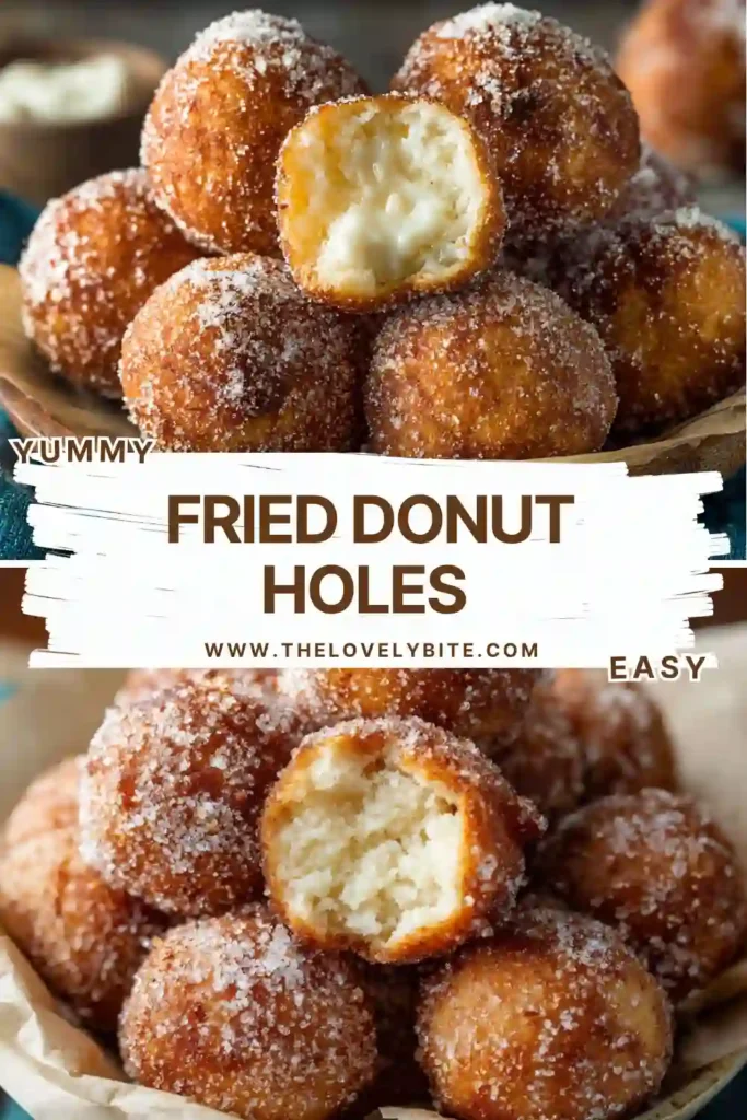 Close-up of homemade cinnamon sugar donut holes stacked on a serving platter. The easy no yeast donut recipe creates soft and tender donut bites with a bakery-style texture.
