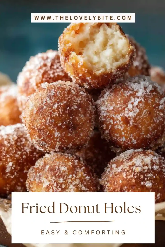 Golden brown Fried Donut Holes No Yeast cooling on paper towels before being rolled in cinnamon sugar. Perfect quick homemade donut recipe for breakfast or dessert.