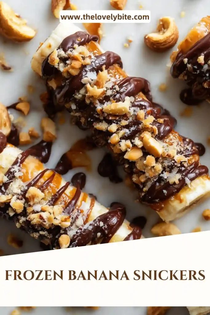 Frozen Banana Snickers arranged on a tray with glossy dark chocolate coating and crunchy peanut topping. These healthy banana treats are creamy, frozen, and perfect for an easy dessert.
