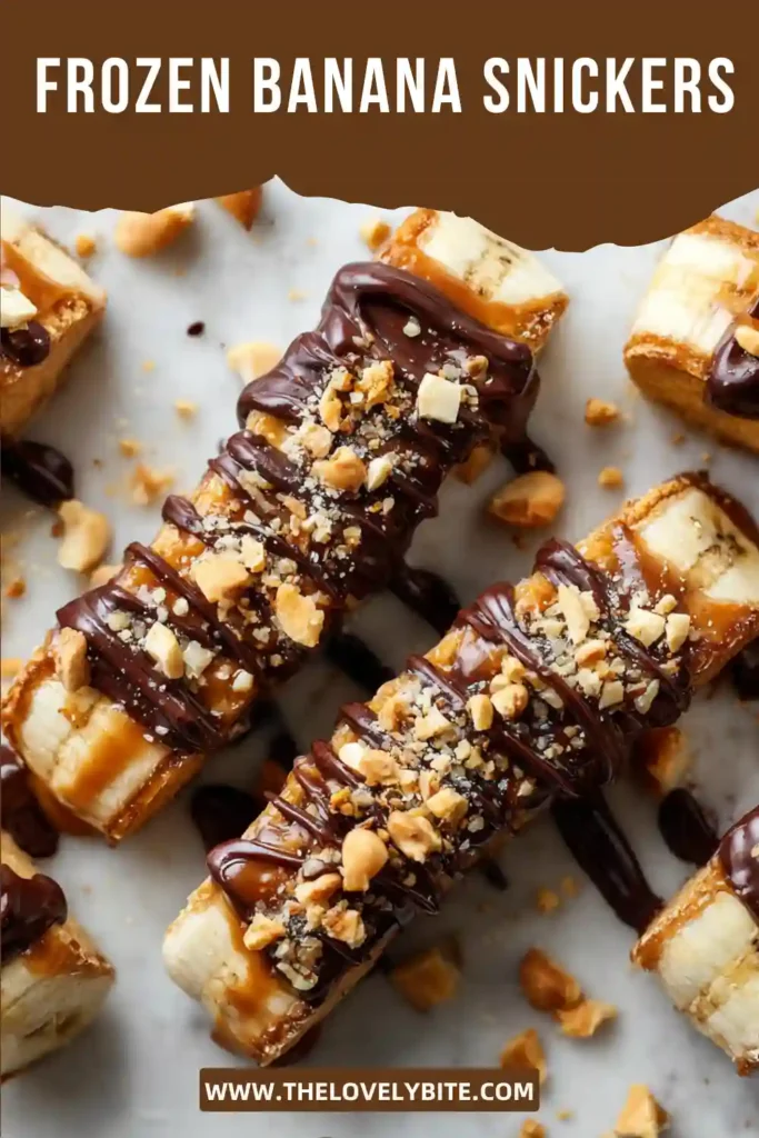 Close-up of Frozen Banana Snickers topped with melted dark chocolate and flaky sea salt. These healthy banana treats are refreshing, sweet, and easy to prepare.