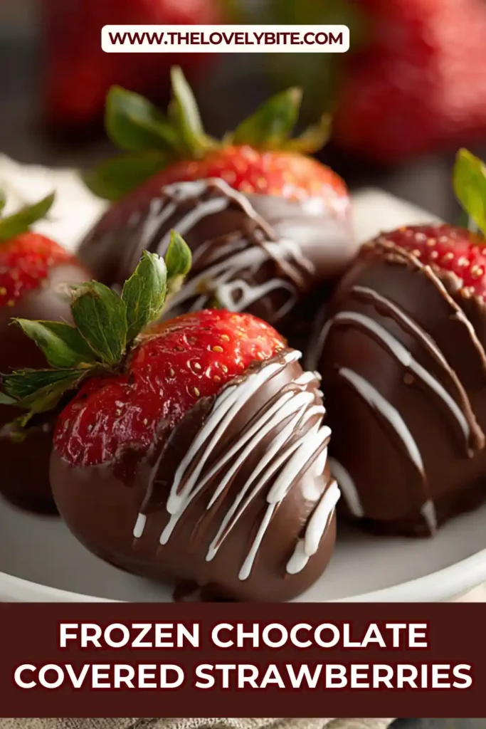 Close-up of Frozen Chocolate Covered Strawberries coated in smooth dark chocolate and white chocolate. The juicy strawberries create an easy frozen dessert that is sweet, fruity, and satisfying.
