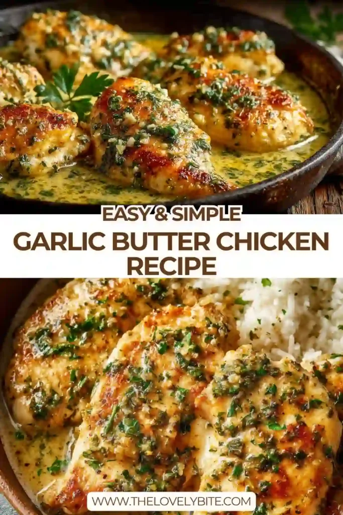Garlic Butter Chicken Recipe served in a skillet with golden seared chicken and rich buttery garlic sauce, garnished with fresh parsley.