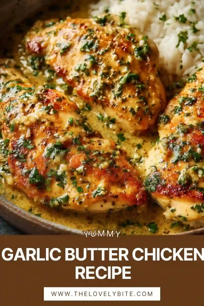 Close-up of juicy garlic butter chicken with a glossy sauce coating and a sprinkle of herbs, perfect for a comforting dinner.