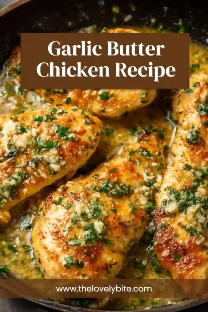 Pan-seared chicken breasts in garlic butter sauce with lemon wedges and fresh parsley, highlighting texture and flavor.