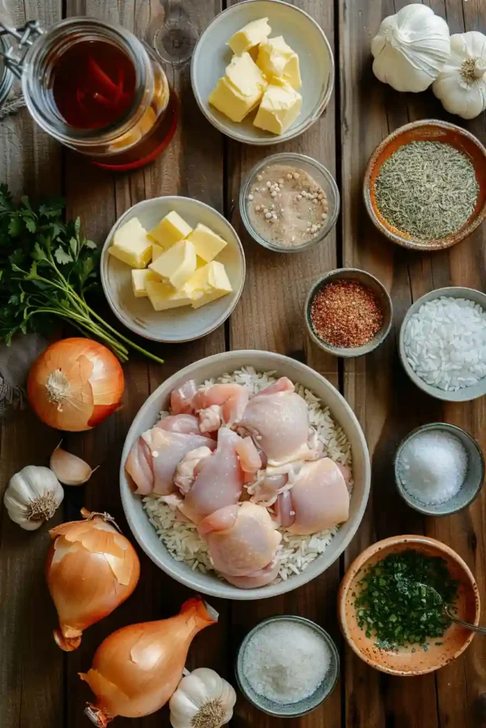 A skillet of Garlic Butter Chicken and Rice topped with fresh parsley and golden baked chicken thighs. The buttery rice is fluffy, flavorful, and perfectly seasoned for a cozy family dinner.
