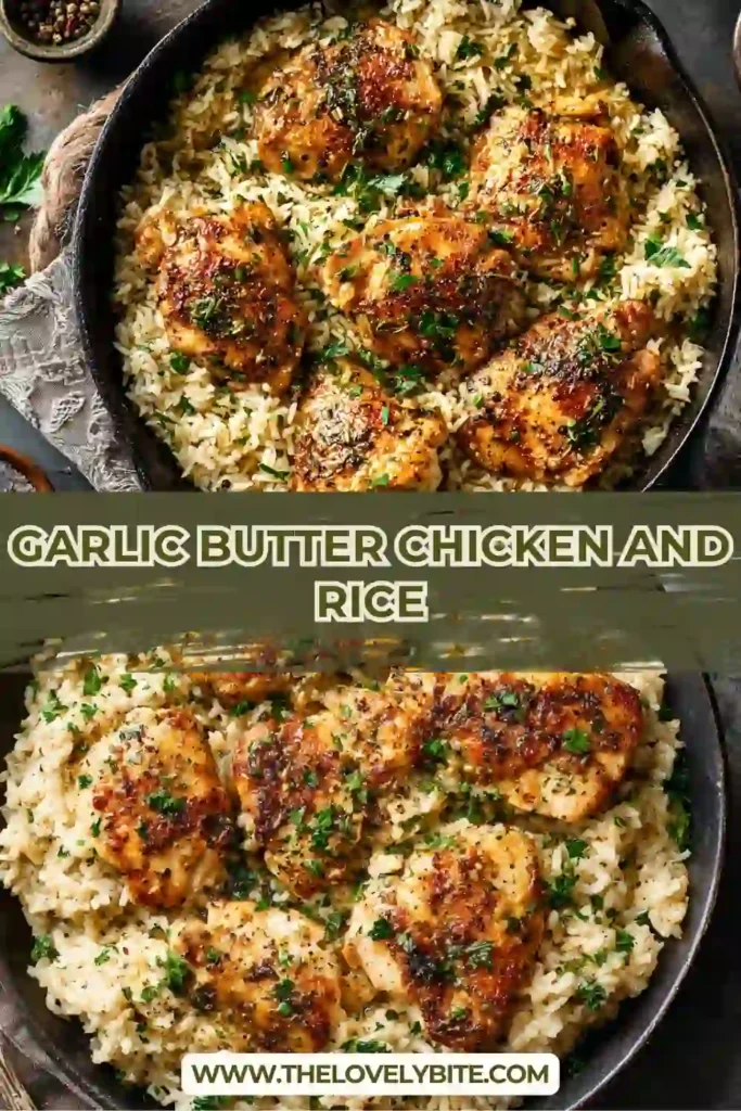 Homemade Garlic Butter Chicken and Rice baked in one skillet with golden chicken thighs and aromatic garlic herb rice. A simple and hearty comfort food recipe.