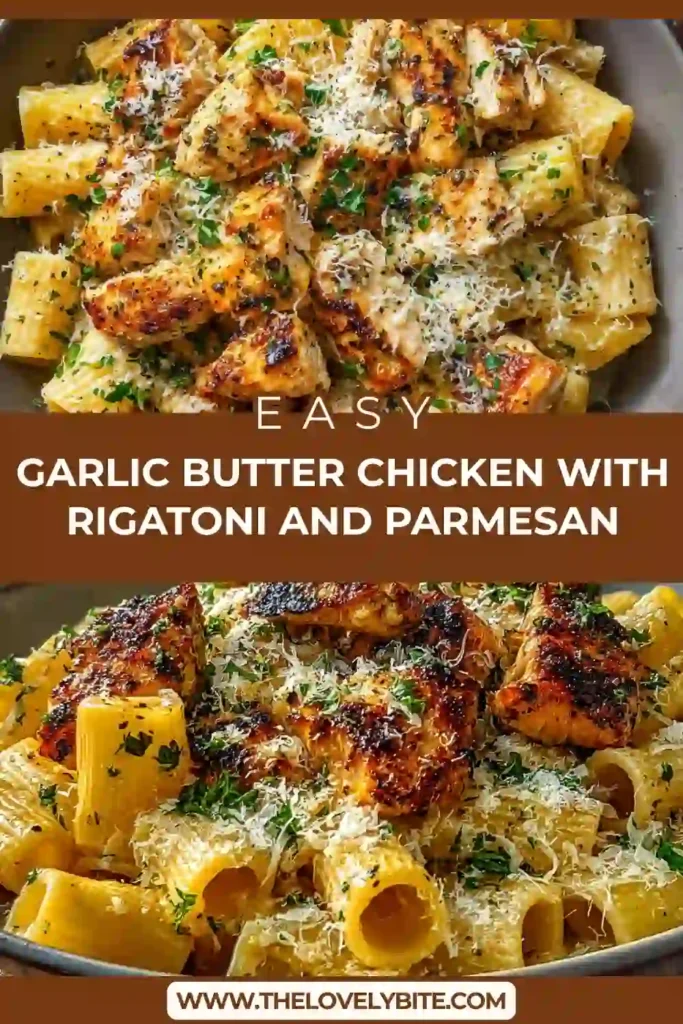 Creamy Garlic Butter Chicken with Rigatoni and Parmesan served in a white bowl with fresh herbs. This comforting chicken pasta recipe features tender rigatoni and savory Parmesan cheese.
