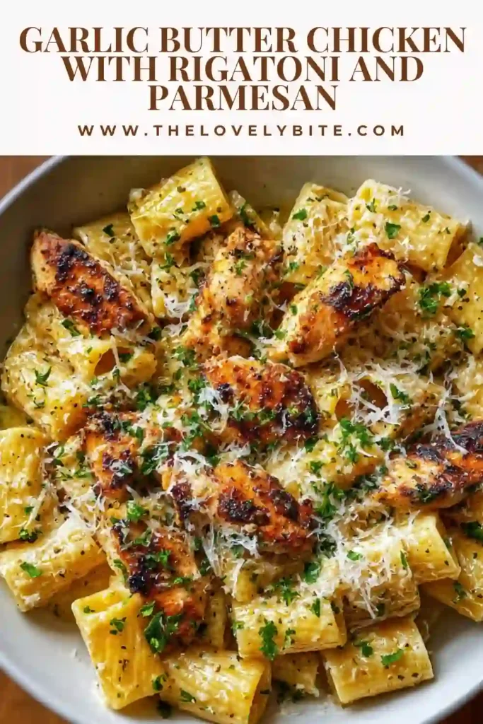 Close-up of Garlic Butter Chicken with Rigatoni and Parmesan in a creamy garlic sauce. The dish is garnished with parsley and packed with flavorful chicken and pasta.
