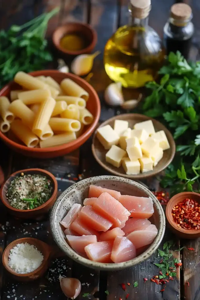 A bowl of Garlic Butter Chicken with Rigatoni and Parmesan topped with fresh parsley and creamy Parmesan sauce. The pasta is coated in a rich garlic butter sauce with juicy golden chicken pieces.