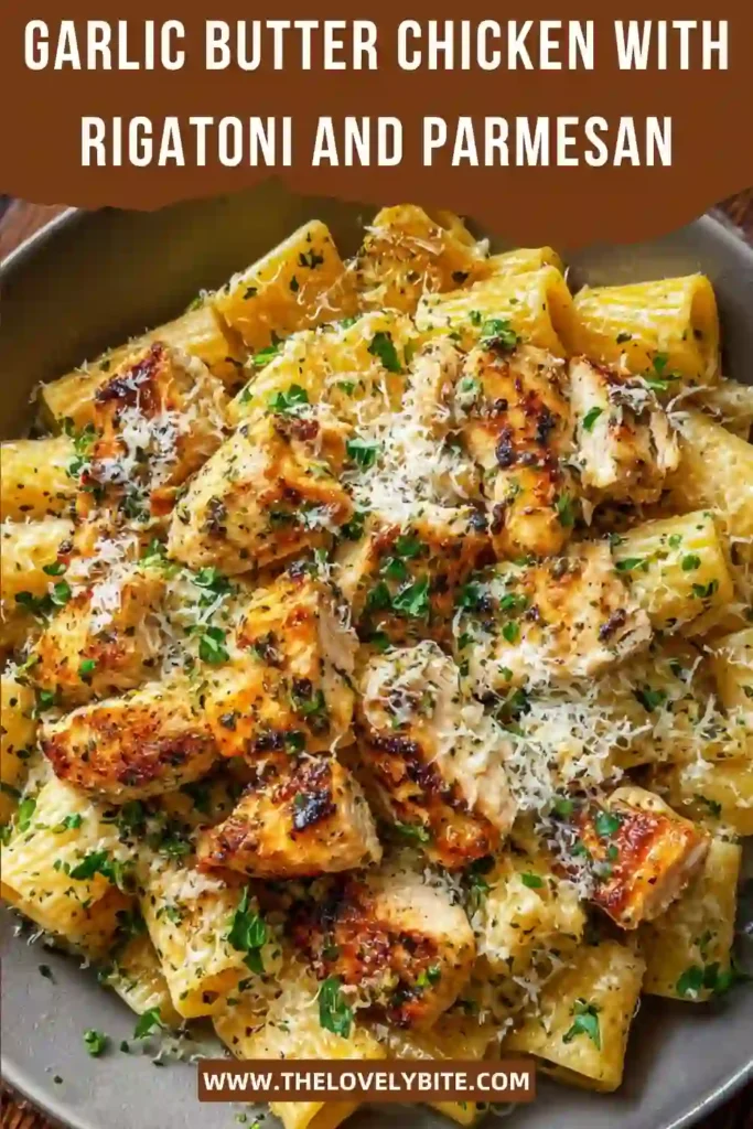 Rich and creamy Garlic Butter Chicken with Rigatoni and Parmesan pasta served fresh with grated cheese and herbs. A cozy Italian-inspired pasta dinner perfect for weeknights.