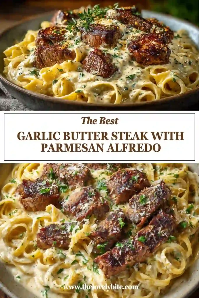 Creamy Garlic Butter Steak with Parmesan Alfredo served with seared steak bites and fettuccine noodles coated in rich parmesan sauce. Fresh green onions add color and flavor to this hearty pasta dish.