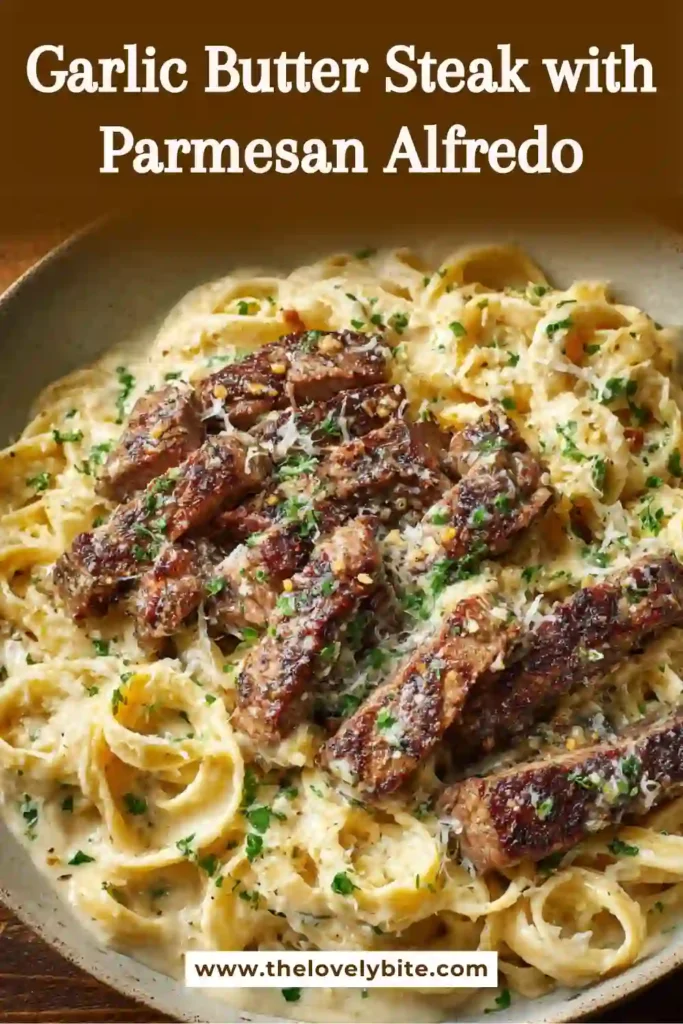 Homemade Garlic Butter Steak with Parmesan Alfredo pasta topped with buttery steak bites and parmesan cheese. This creamy steak pasta recipe is perfect for an easy family dinner.
