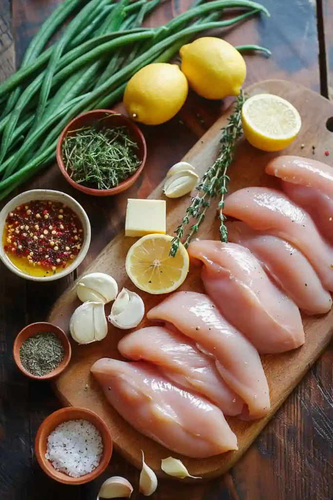 A skillet filled with juicy Garlic Chicken and Green Beans cooked in a buttery garlic sauce. Fresh lemon and herbs add bright flavor to this easy one-pan dinner recipe.