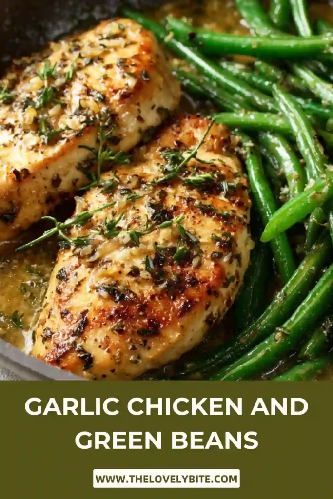 Golden seared chicken breasts served with tender green beans and garlic butter sauce in a large skillet. This healthy chicken dinner looks fresh and comforting.