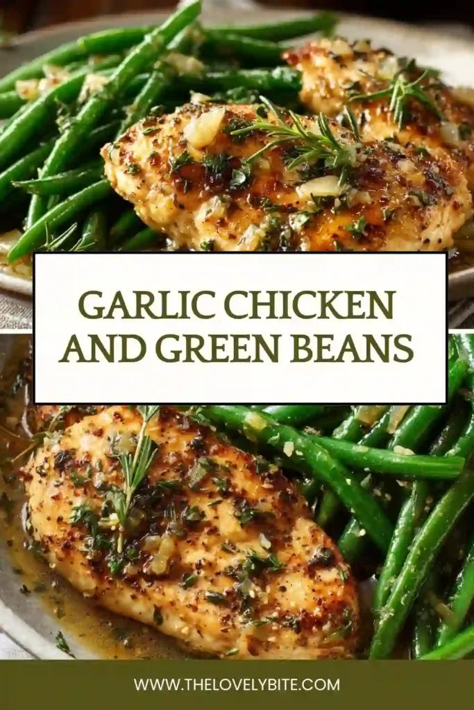 Close-up of Garlic Chicken and Green Beans garnished with lemon slices and fresh thyme. The chicken is tender and coated in a rich savory sauce.