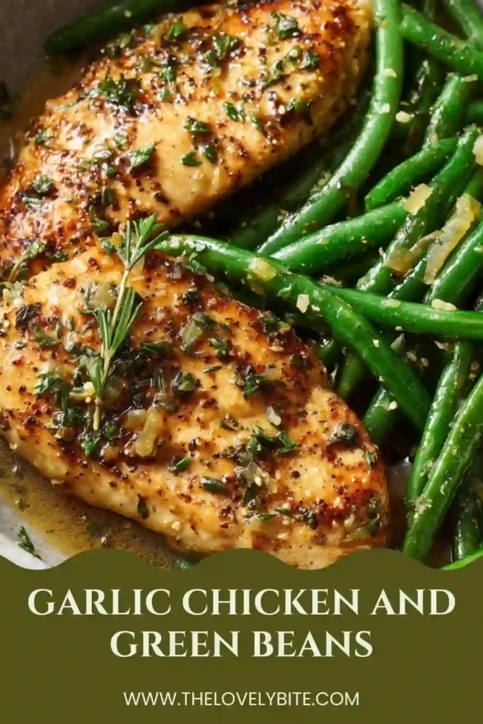 Homemade Garlic Chicken and Green Beans plated for dinner with buttery sauce and seasoned vegetables. This skillet chicken recipe is quick, healthy, and flavorful.