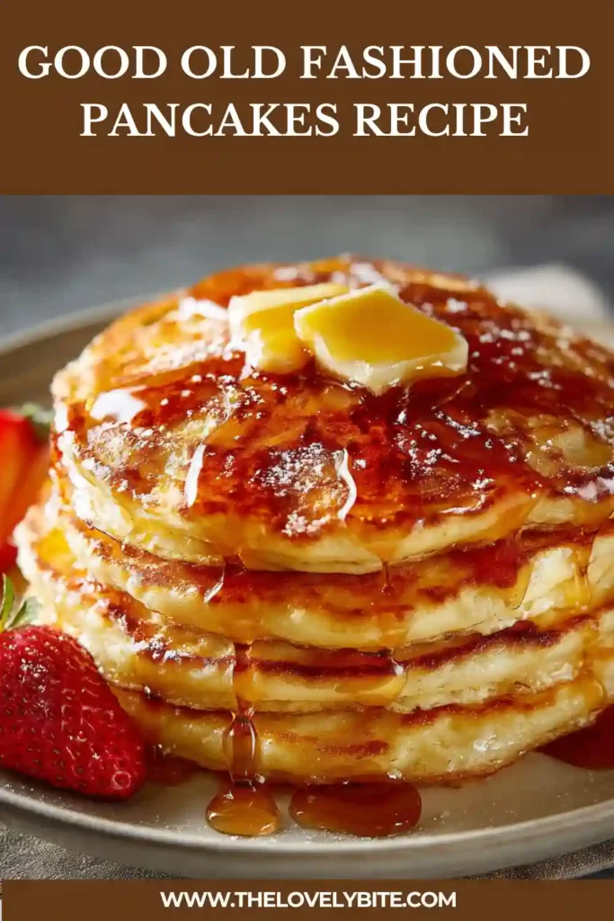 A stack of Good Old Fashioned Pancakes served with butter and maple syrup on a breakfast plate. These fluffy homemade pancakes have a golden brown finish and soft texture.