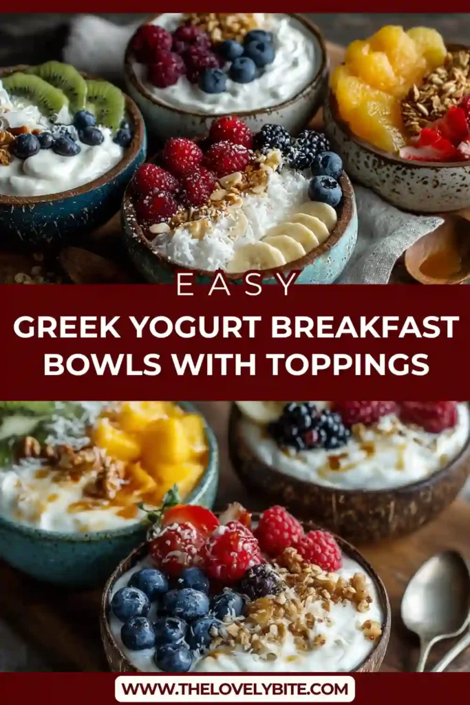 Greek Yogurt Breakfast Bowls topped with fresh berries, granola, and nuts in a bright breakfast setting. Creamy texture with colorful fruits makes it visually appealing and healthy.