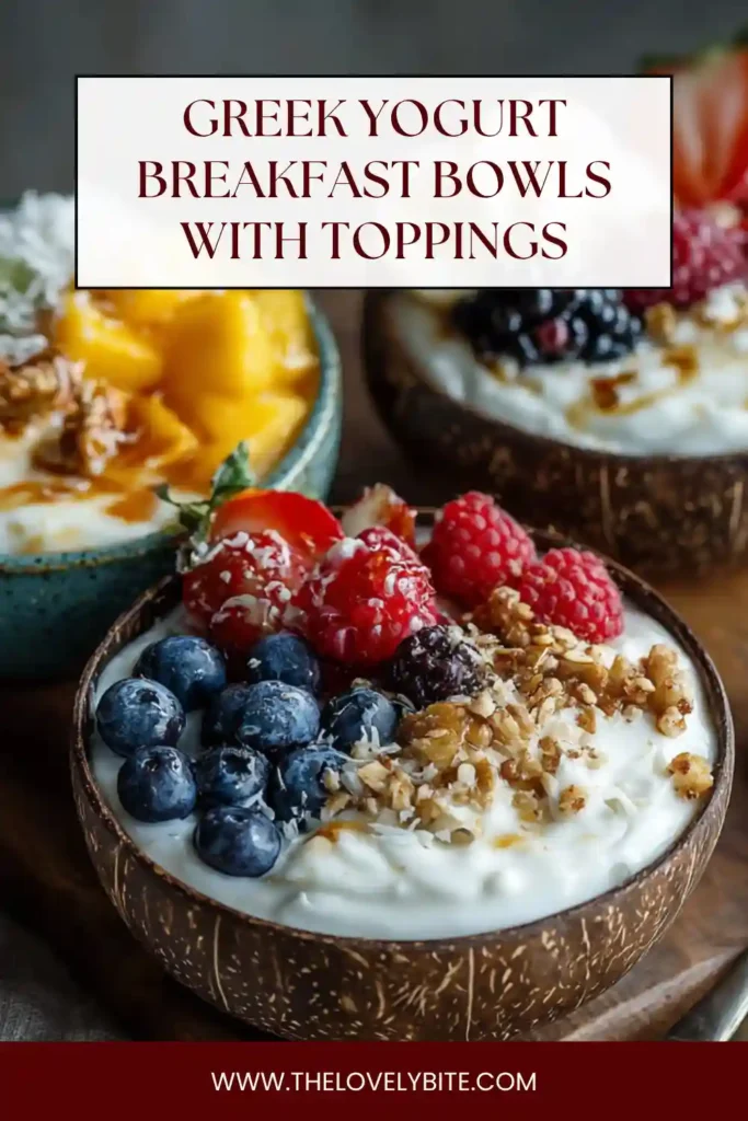 A bowl of Greek Yogurt Breakfast Bowls with sliced strawberries, blueberries, and crunchy oat crumble. Balanced and nutritious breakfast option.