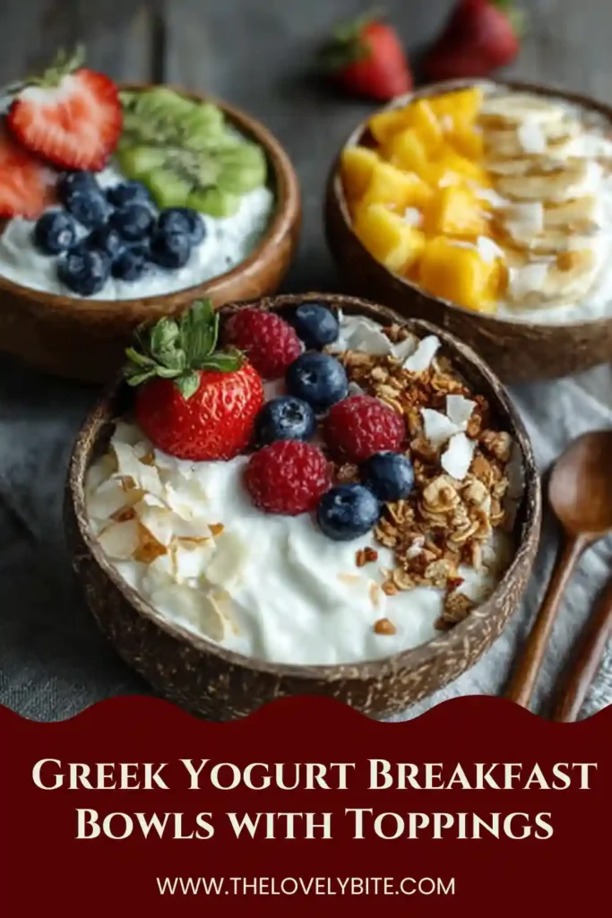 Healthy Greek Yogurt Breakfast Bowls with tropical fruits like pineapple and coconut flakes. A refreshing and vibrant breakfast idea.