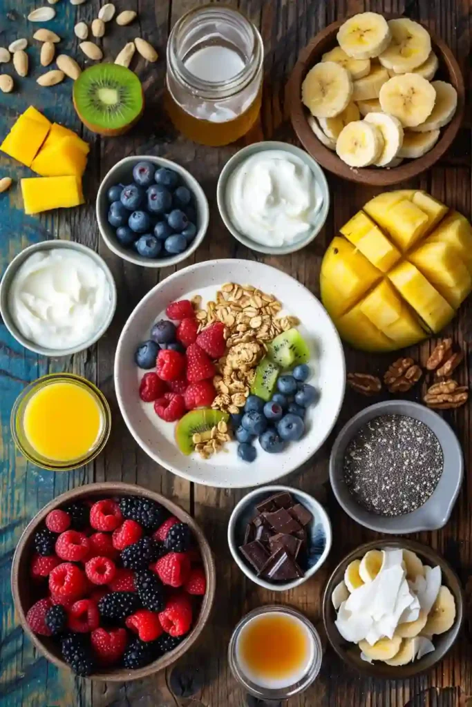 Greek Yogurt Breakfast Bowls featuring raspberry chia jam, granola, and mixed fruits. Perfect for easy and wholesome morning meals.