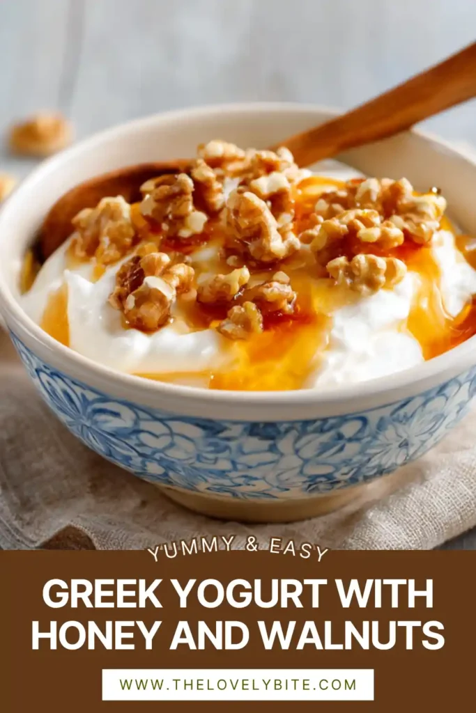 A bowl of Greek Yogurt with Honey and Walnuts topped with cinnamon and drizzled honey. The creamy yogurt and crunchy walnuts create a healthy Mediterranean-style breakfast.