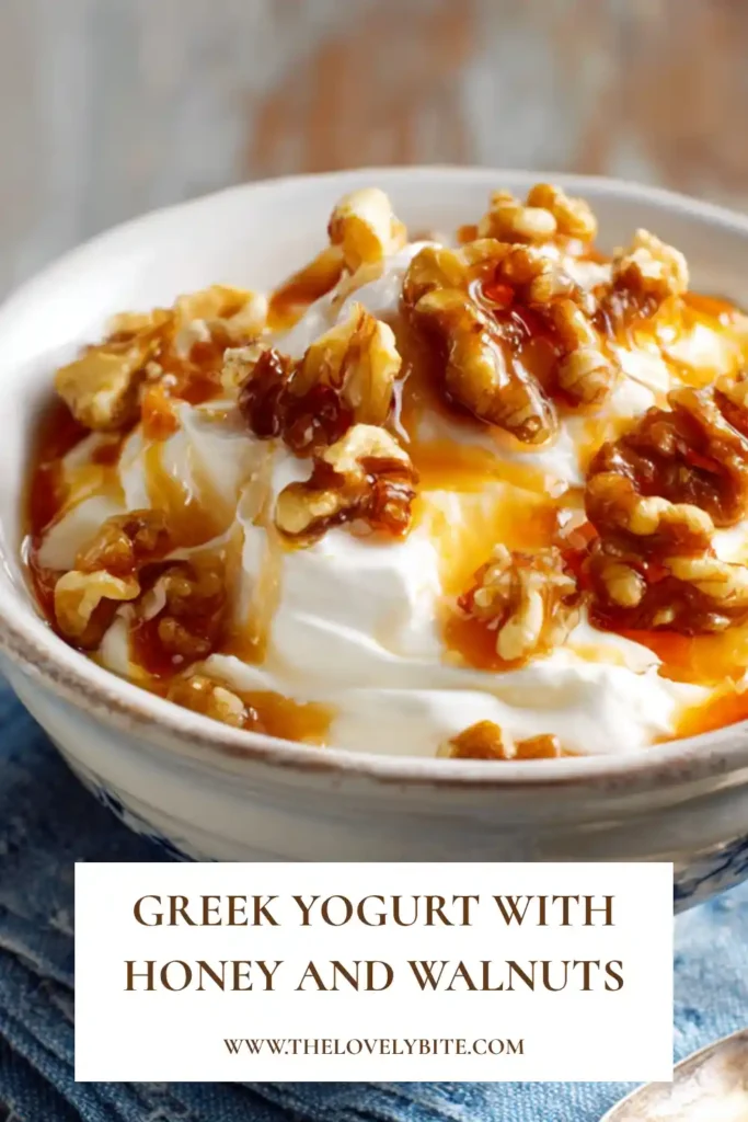 Creamy Greek yogurt served with golden honey, chopped walnuts, and cinnamon powder in a rustic bowl. This easy yogurt recipe is perfect for breakfast or dessert.