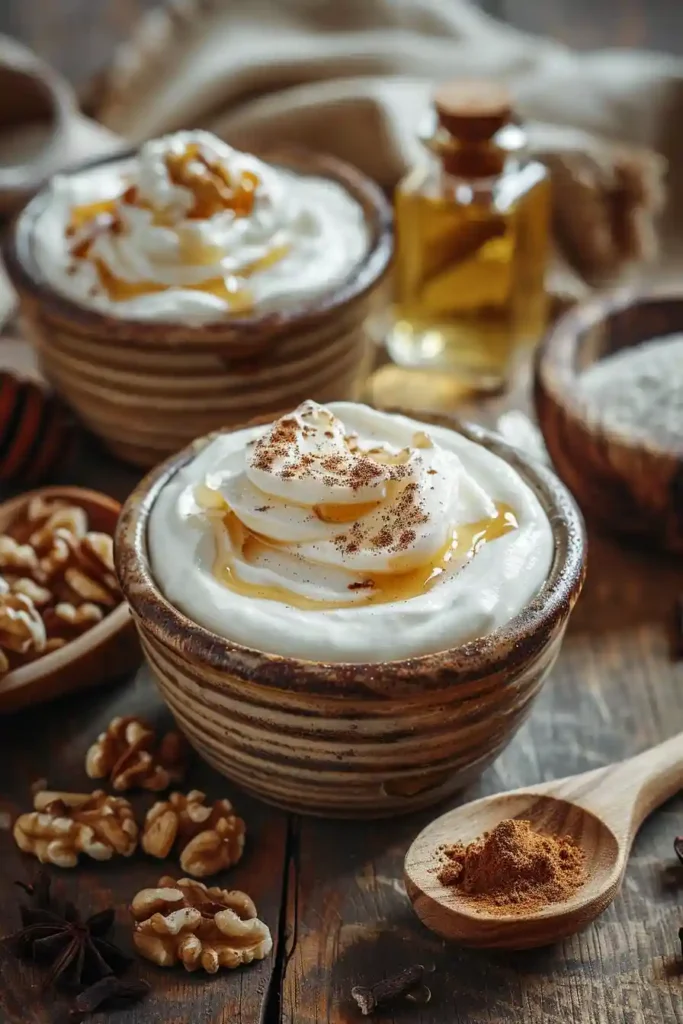 Thick strained Greek yogurt topped with walnuts, honey, and cinnamon for a wholesome breakfast recipe. The smooth texture and crunchy topping make it both nourishing and delicious.