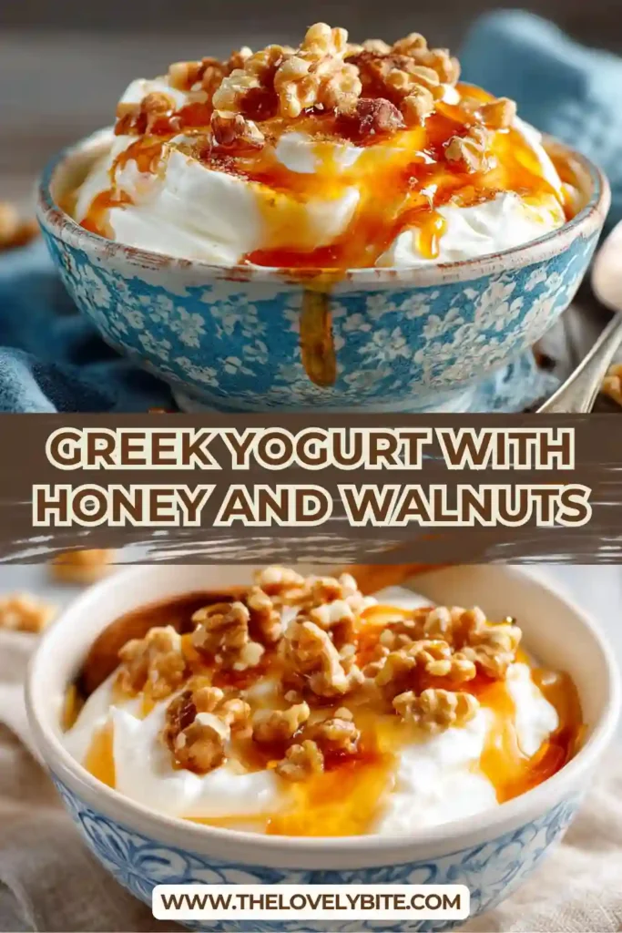 Healthy Greek Yogurt with Honey and Walnuts presented in a glass bowl with rich honey drizzle and crunchy walnut topping. A simple Mediterranean-inspired snack with natural sweetness.