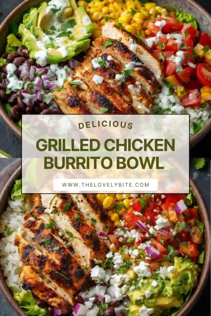 Close-up of a healthy grilled chicken burrito bowl with lime rice, black beans, and creamy avocado slices. Perfect balanced meal.