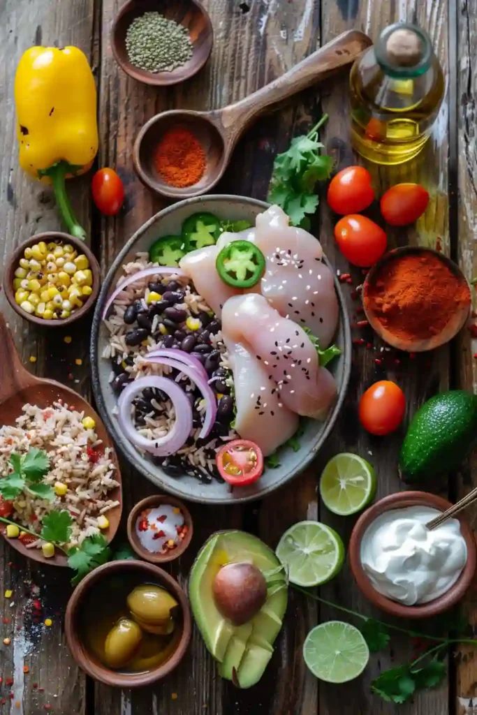A grilled chicken burrito bowl filled with sliced chicken, rice, avocado, beans, and fresh vegetables in a bowl. The ingredients look vibrant and healthy.