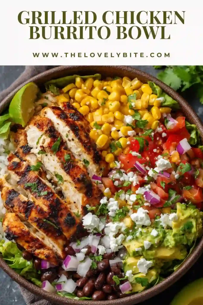 Homemade grilled chicken burrito bowl featuring juicy grilled chicken, greens, and fresh toppings in a rustic bowl setting.