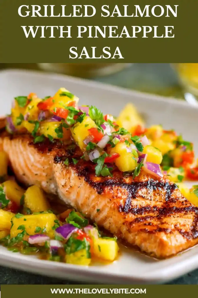 Grilled salmon fillets topped with fresh pineapple salsa served on a white plate. This healthy tropical salmon recipe features juicy grilled fish with citrus and cilantro flavors.