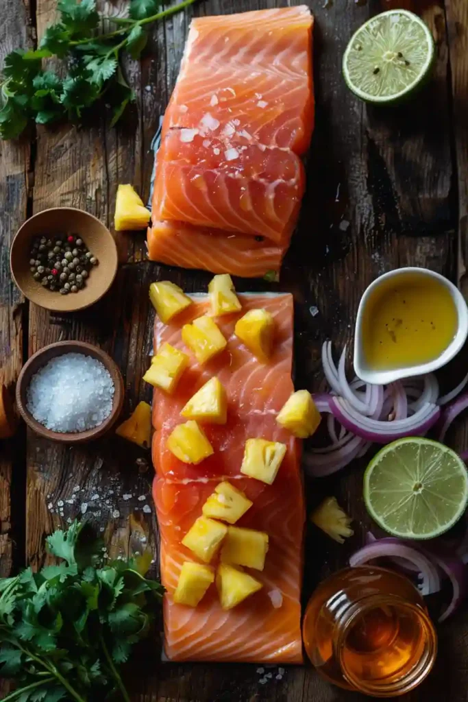 Fresh grilled salmon fillet paired with tropical pineapple salsa on a dinner plate. A flavorful high-protein seafood meal with sweet and savory balance.