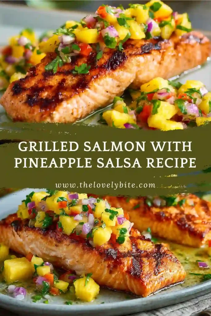 Close-up of grilled salmon with pineapple salsa made with fresh pineapple, red onion, and lime juice. A colorful and healthy summer seafood dinner recipe.
