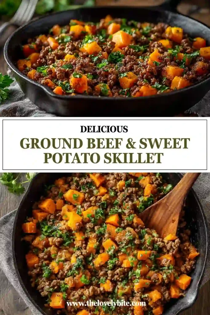 Close-up view of a Ground Beef & Sweet Potato Skillet Recipe featuring browned beef, soft sweet potatoes, and vibrant vegetables. A healthy and comforting weeknight meal.