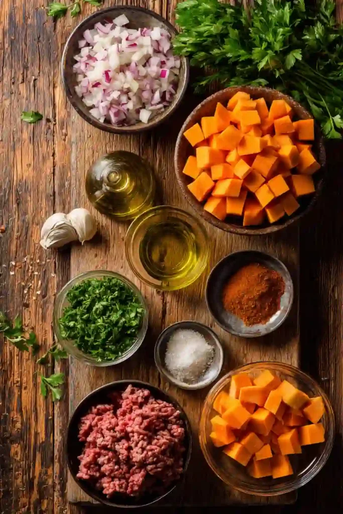A skillet filled with seasoned ground beef, tender sweet potatoes, bell peppers, and fresh parsley. This Ground Beef & Sweet Potato Skillet Recipe is a colorful and hearty one-pan dinner.