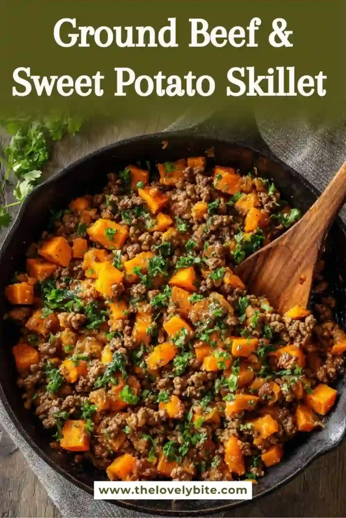 Healthy Ground Beef & Sweet Potato Skillet Recipe served warm with colorful bell peppers and aromatic spices. Perfect for family dinners and meal prep.