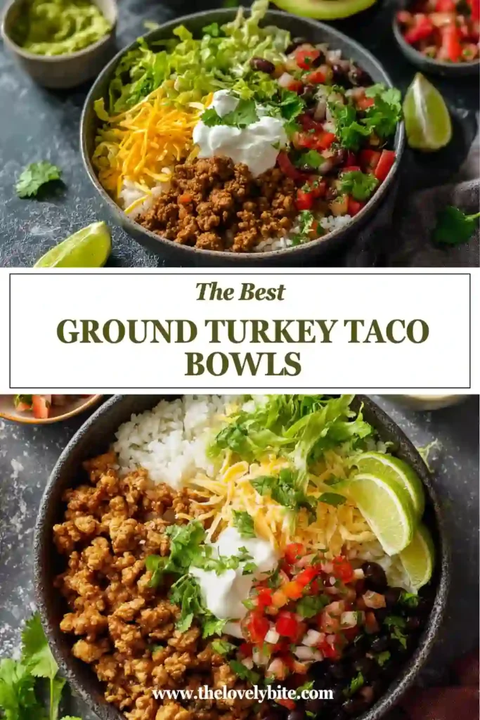 Healthy Ground Turkey Taco Bowls served with fluffy rice, black beans, salsa, cheese, and fresh avocado. A protein-packed weeknight dinner that is easy to customize with favorite toppings.