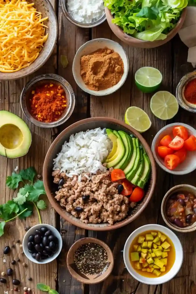 A vibrant bowl of Ground Turkey Taco Bowls topped with seasoned turkey, black beans, rice, avocado, shredded lettuce, tomatoes, and cilantro. This healthy taco bowl recipe is colorful, fresh, and perfect for a quick Tex-Mex dinner.