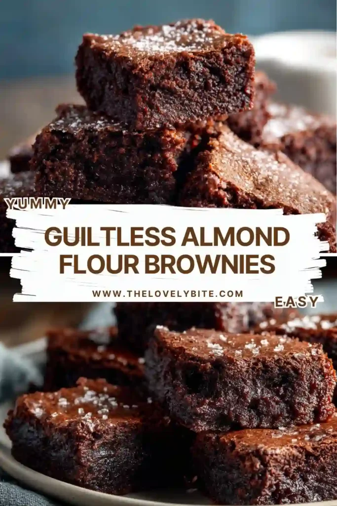 Stacked almond flour brownies on a serving plate with visible chocolate chips and deep cocoa color. These gluten-free brownies look moist, rich, and decadent.