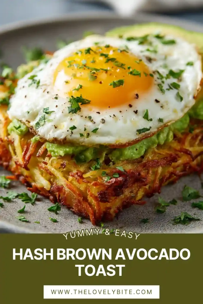 Golden brown hash browns topped with mashed avocado, parsley, and chili flakes for a flavorful Hash Brown Avocado Toast breakfast. The crispy potatoes and creamy avocado create a delicious contrast.