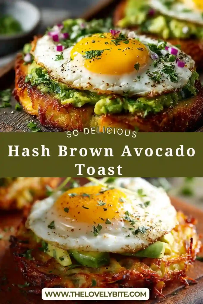 A close-up of Hash Brown Avocado Toast with crispy shredded potatoes and seasoned avocado spread. Fresh herbs and lemon brighten this cozy brunch recipe.