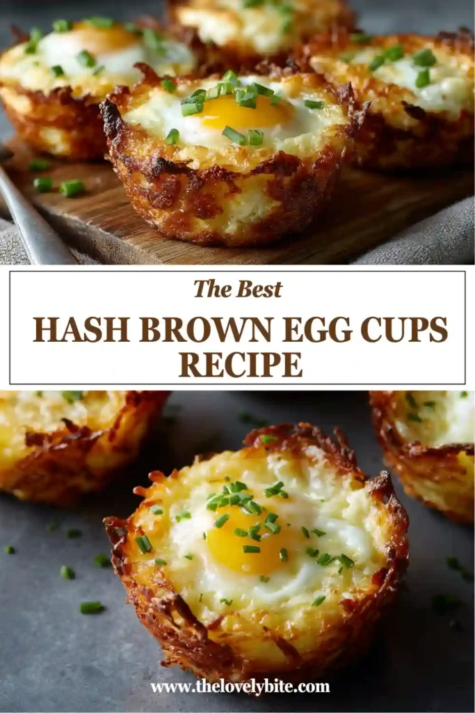 Close-up of crispy Hash Brown Egg Cups filled with baked eggs, green onions, and melted cheese on a breakfast plate. These savory breakfast muffins are easy to make and naturally gluten-free.